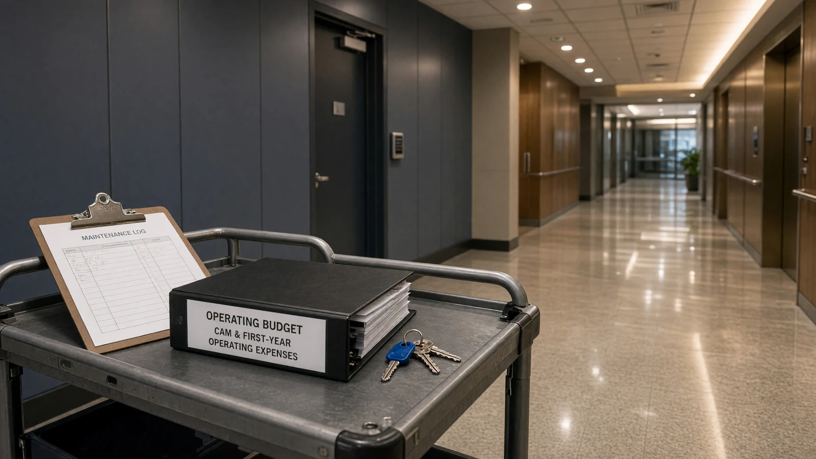 Commercial property common-area hallway with maintenance clipboard and operating-budget binder on a service cart.