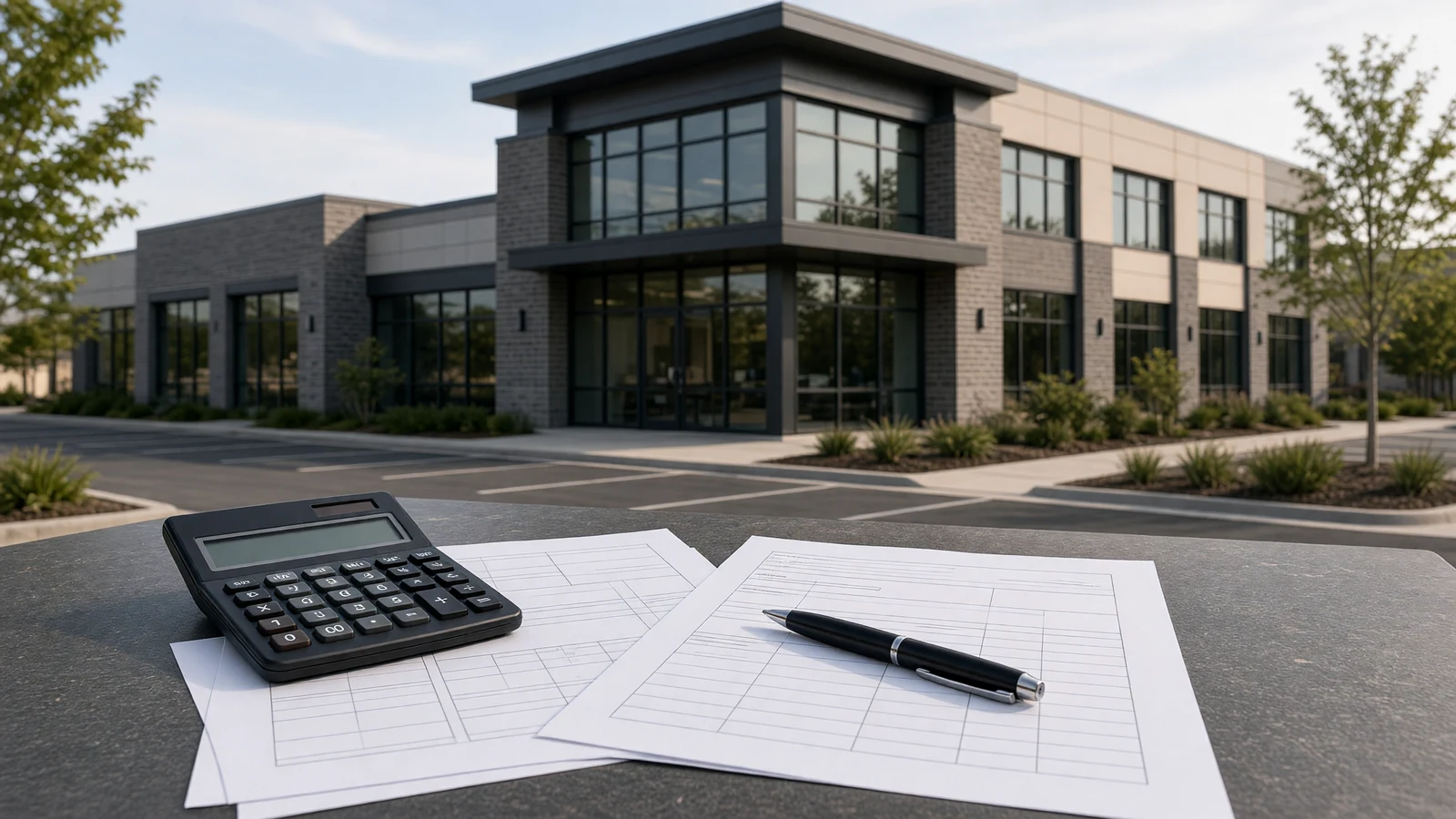 Low-rise commercial retail building with valuation worksheets and a calculator on a side table, emphasizing property income analysis.