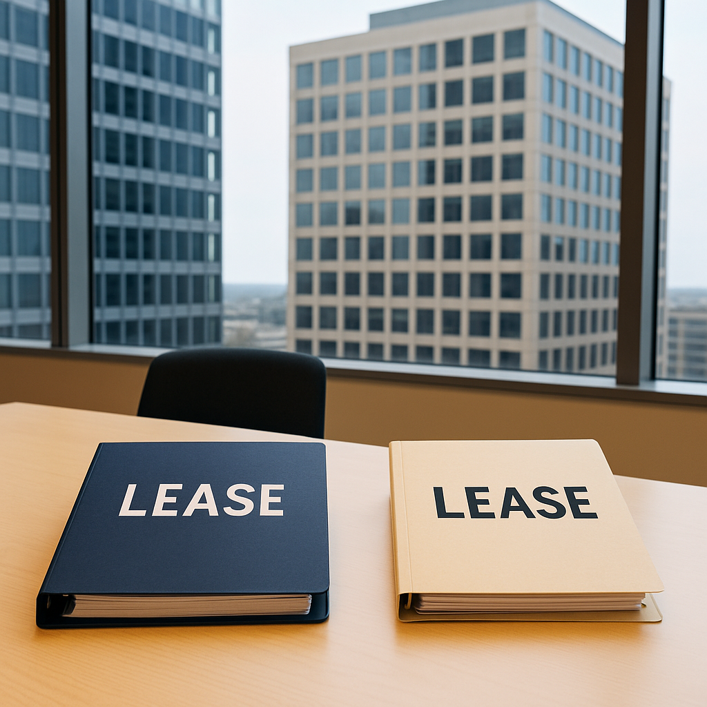 Lease proposal folders and a calculator on a desk for gross versus net comparison.