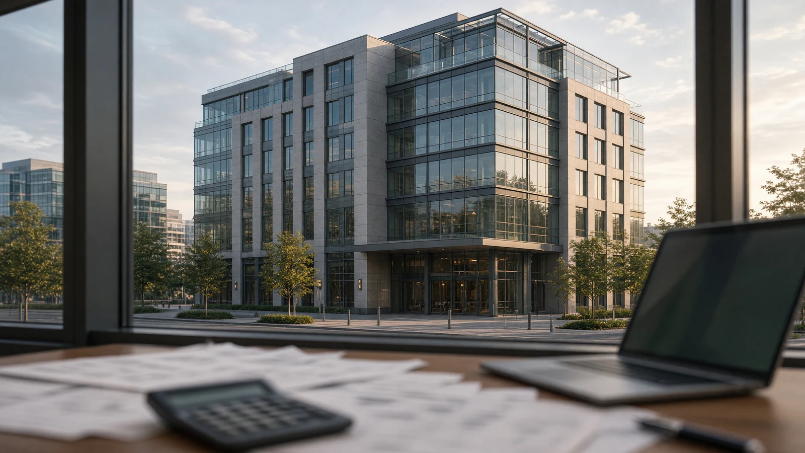 Mixed-use commercial office tower beside an analyst desk with financing documents and a laptop, suggesting capital-market property valuation.