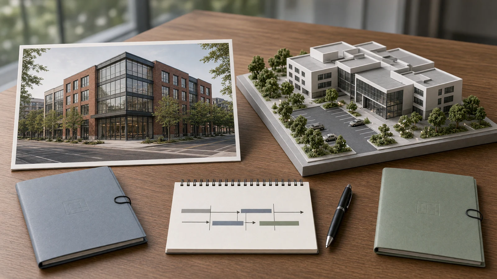Two different commercial building models and site photos laid out for side-by-side lease option evaluation.