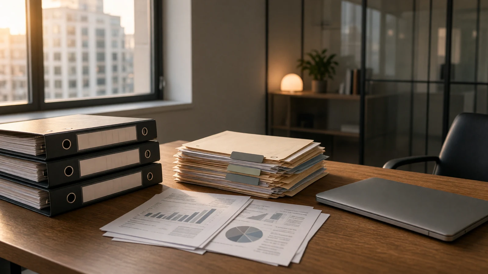Tenant office workspace with stacked lease pages and operating-expense folders on a conference table.